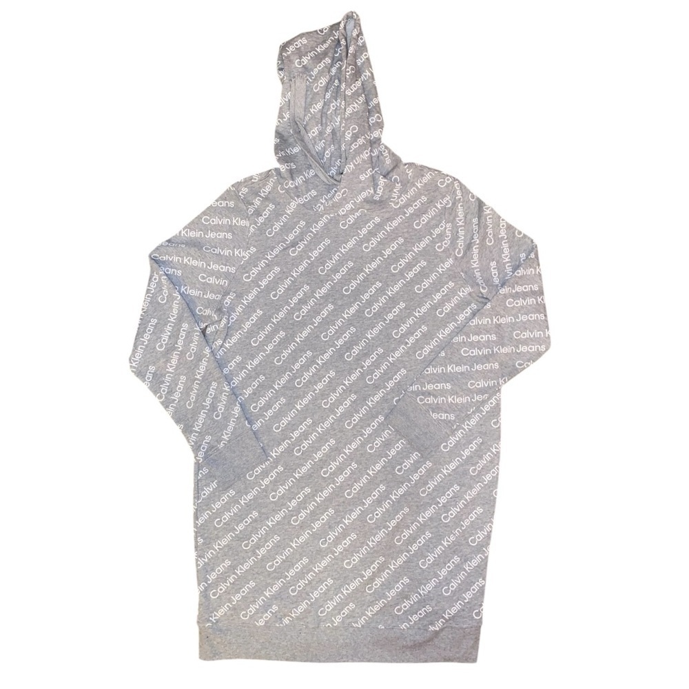 CALVIN KLEIN Allover Logo Print Hooded Mini Dress Gray and White in Size LARGE - Picture 3 of 9